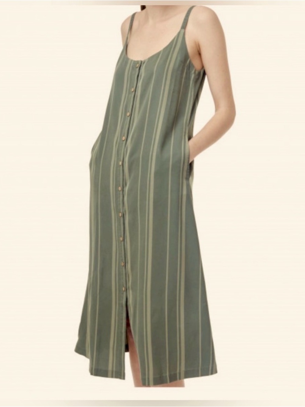 TENTREE - Women's Sundance Midi Dress, Olive green with stripes, size Small, NWT